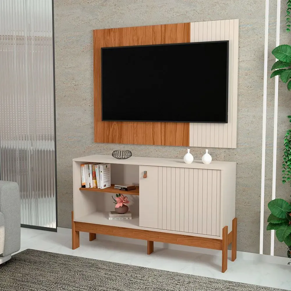 Painel Para Tv Ate 42° 120cm E Bancada Mobler Wood Cor Cinamo/off White