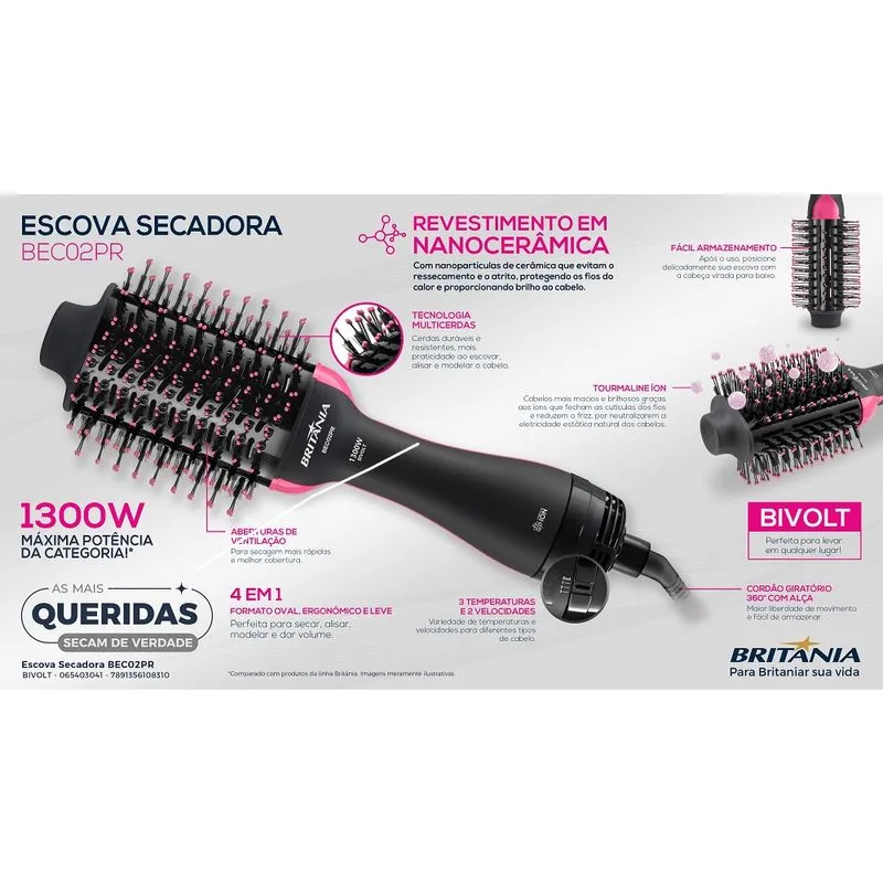 Escova Secadora Britânia BEC02PR 1300W 2 Velocidades Cerâmica