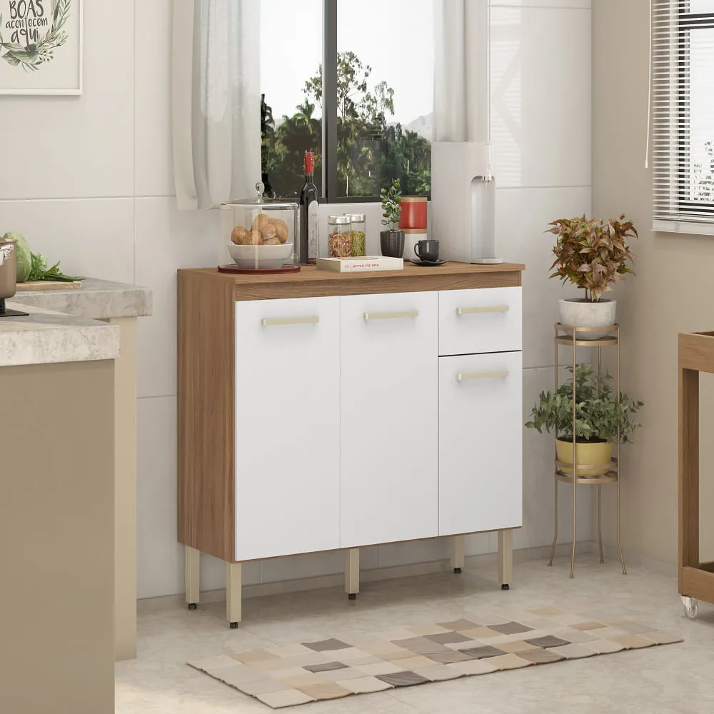 Balcão Cozinha Demobile Dama 120cm 3P/1G - Amendola/Branco