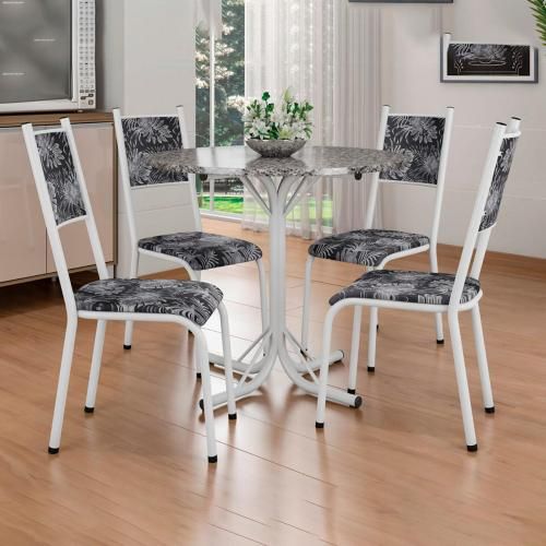 MESA DE JANTAR E COZINHA COM 4 CADEIRAS,TAMPO REDONDO GRANITO TUBOLAR