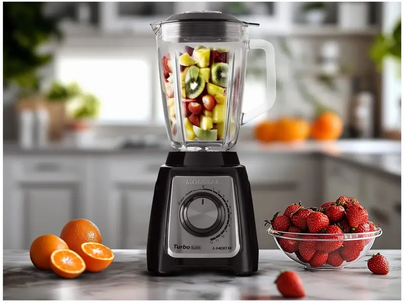 LIQUIDIFICADOR MONDIAL TURBO GLASS  L-1400 COPO DE VIDRO 12 VELOCIDADES1400W PRETO/INOX