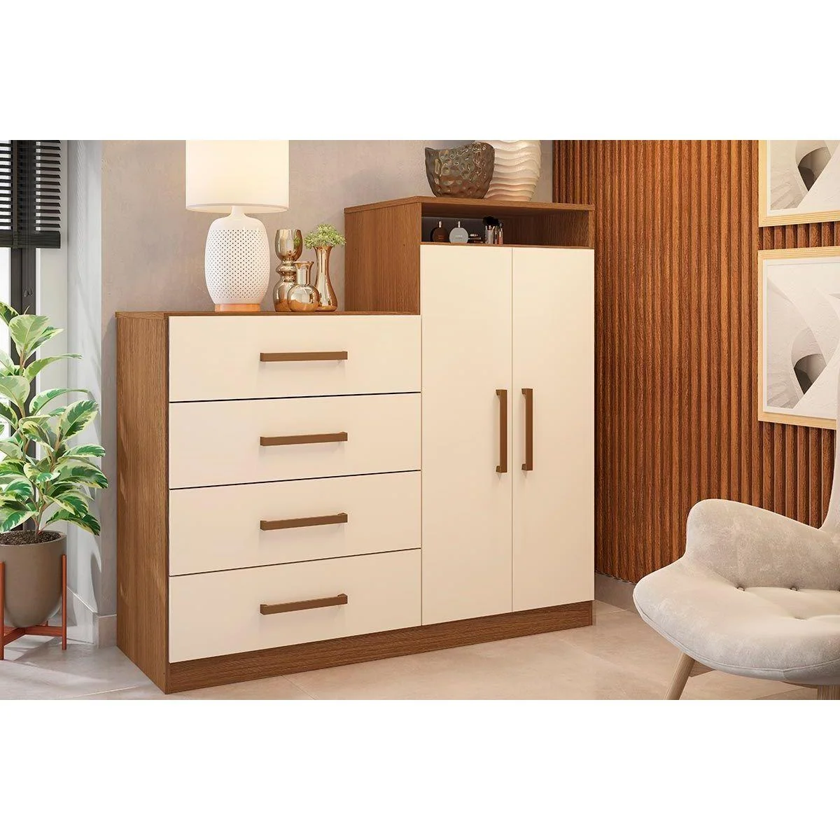 Cômoda Áurea 2 Portas e 4 Gavetas Amêndola/Off White - Demóbile