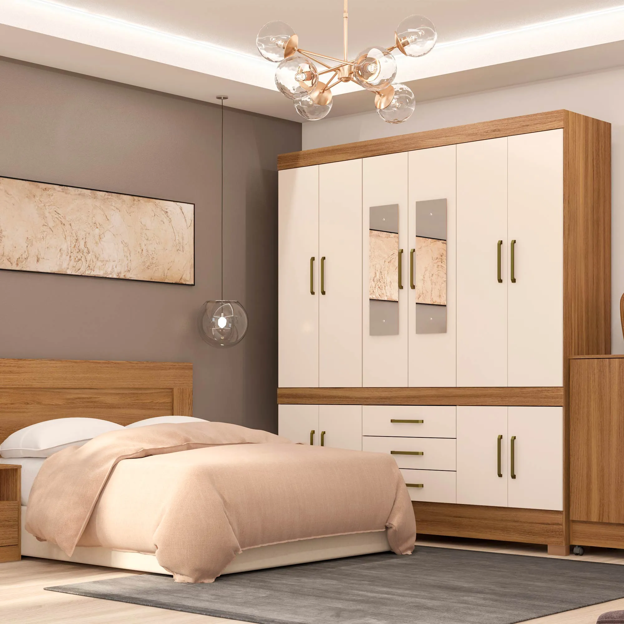 Guarda Roupa Casal com Espelho 10 Portas 3 Gavetas e Pés New Murano-Demóbile